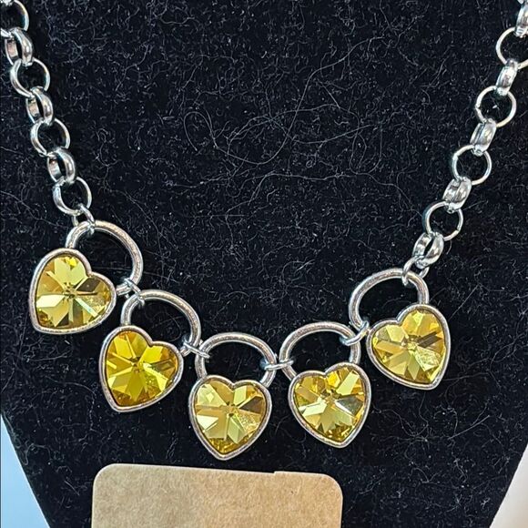 Silver Tone and Yellow Glass Heart Necklace Earring Set - Picture 2 of 5
